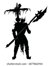 a black silhouette of a sinister skeleton knight with a huge halberd, a crucified skeleton in rags on his back, his eyes glowing, he is ready for battle . 2d illustration.