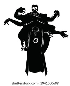 The black silhouette of a sinister skeleton lich, a necromancer with many creepy hands in different poses forming a magical sphere of energy. she is parting in the air wearing a loose robe. 2d 