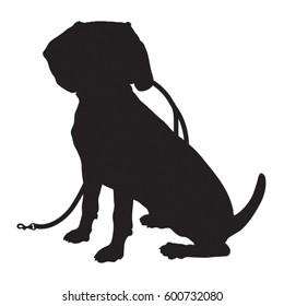 A black silhouette of a sitting Beagle puppy with a leash in its mouth
