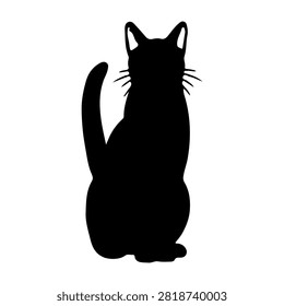 A black silhouette of a sitting cat with alert ears and a curved tail, set against a plain white background, emphasizing feline curiosity and elegance.