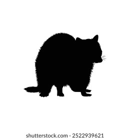 Black silhouette of a sitting cat with a bushy fur, facing left on a white background.