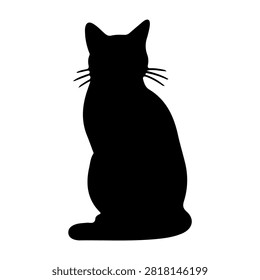 A black silhouette of a sitting cat with pointed ears, whiskers, and a curved tail, set against a plain white background.