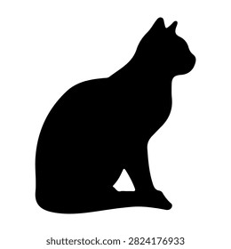 A black silhouette of a sitting cat with pointed ears, showcasing feline posture and elegance against a plain background.