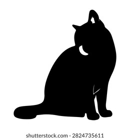 A black silhouette of a sitting cat with pointed ears and a curved tail, set against a plain white background, highlighting feline posture and shape.