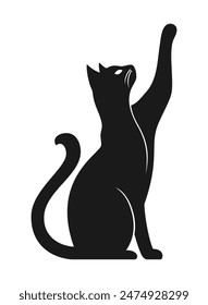 Black silhouette of a sitting cat stretching its paw up. Vector illustration