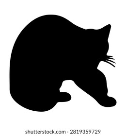 A black silhouette of a sitting cat with tail curled, showcasing feline curiosity and elegance against a plain background.