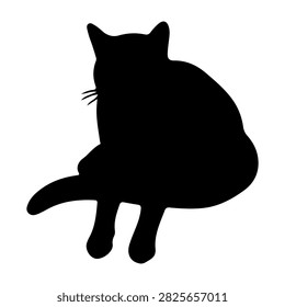 Black silhouette of a sitting cat with tail curled, showcasing feline posture and elegance against a plain white backdrop.
