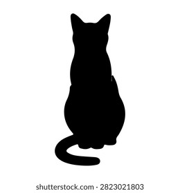 A black silhouette of a sitting cat viewed from the back, emphasizing its shape and tail against a plain white background.