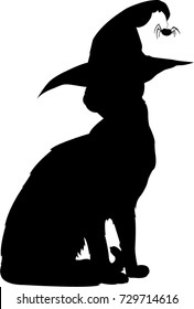 Black silhouette of sitting cat in witch hat isolated on white background. Vector illustration, icon, clip art.