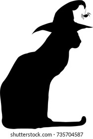 Black silhouette of sitting cat in witch hat isolated on white background. Vector illustration, icon, clip art. 