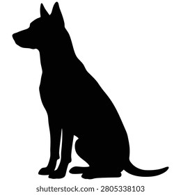 Black silhouette of a sitting dog with erect ears and tail