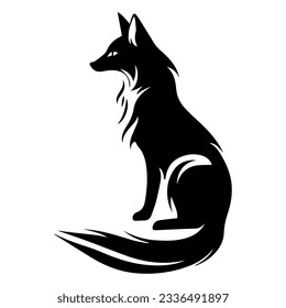 Black silhouette of a sitting fox. Wild animal with tail for tattoo or logo design svg