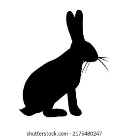 Black silhouette of a sitting hare. Outline of a rabbit with long ears and whiskers. Side view. Simple sketch, animal template, icon, sticker. Easter bunny drawing for children. Vector illustration