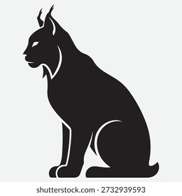 Black silhouette of a sitting lynx with pointed ears and a tufted chin on a light gray background bobcat