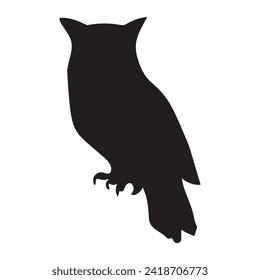 Black silhouette sitting owl bird body, fairy tale Halloween character. Creepy shadow outline of nocturnal sitting owl scarecrow. Simple black and white Vector isolated on white background