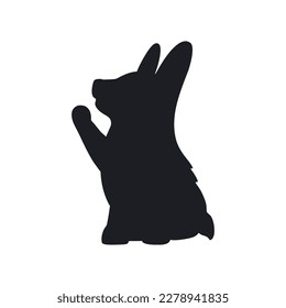 Black silhouette of sitting puppy corgi dog. Little pet animal. Hand drawn vector illustration isolated on white background, modern flat cartoon style.