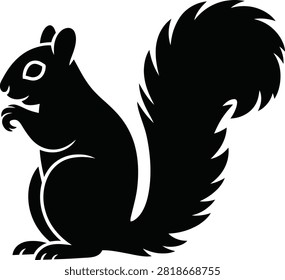 Black silhouette of a sitting squirrel with bushy tail white