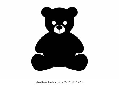 Silueta negra del oso de juguete sentado aislado en un fondo blanco. Lindo bebé oso de peluche. Concepto de juguetes infantiles, infancia, diversión, juego, tiempo de juego, diseño minimalista. Imprimir, icono, elemento de diseño. Arte