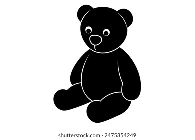 Black silhouette of sitting toy bear isolated on a white background. Cute baby plush bear. Concept of kids toys, childhood, fun, game, playtime, minimalist design. Print, icon, design element. Art