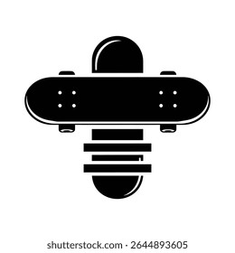 A black silhouette of a skateboard, showing the deck, wheels, and a stack of additional decks underneath. Simple, solid black design.
