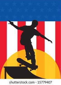 Black silhouette of a skateboarder going up a ramp against a backdrop of a US flag.