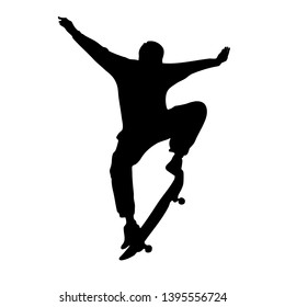 Black silhouette of skateboarder isolated on white background. Skateboard guy. Skateboarding trick ollie. Jump on skateboard.