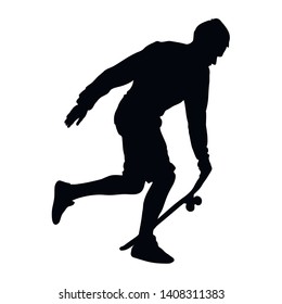 Black silhouette of skateboarder isolated on white background. The guy runs with the board. Skateboarder jumps on the board. Vector skateboarding illustration.