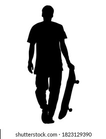 Black silhouette of skateboarder isolated on white background. The guy walks with skateboard in his hand. Casual style. Extreme sport. Vector illustration.