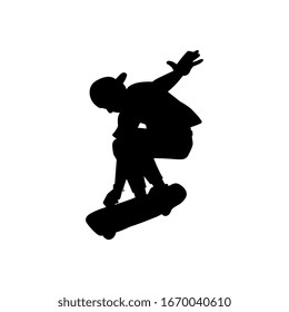 Black silhouette of skateboarder jumping in air while holding the skateboard - cartoon teenager doing extreme stunt. Modern urban sport trick - isolated vector illustration
