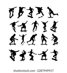 Black silhouette of a skateboarder on a white background