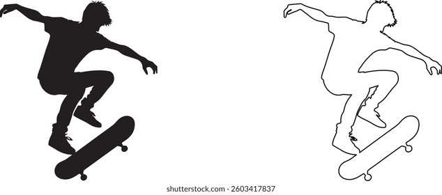 Black silhouette of a skateboarder performing a trick, white background