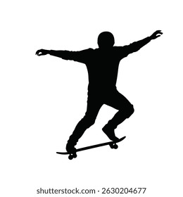 Black silhouette of a skateboarder performing a trick against a white background