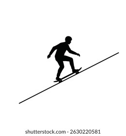Black silhouette of skateboarder riding upward on a slanted ramp isolated on white