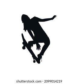 Black silhouette of skateboarder, vector illustration, person playing sports.