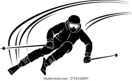 Silhueta preta de um esquiador em uma pose dinâmica, usando um capacete e óculos de proteção, com esquis e postes. Linhas abstratas sugerem velocidade e movimento.