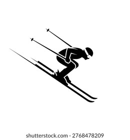 A black silhouette of a skier in a dynamic pose, descending a ski slope with poles extended.