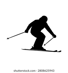 A black silhouette of a skier in motion on snowy terrain, capturing the dynamic movement and sport of skiing in winter conditions.