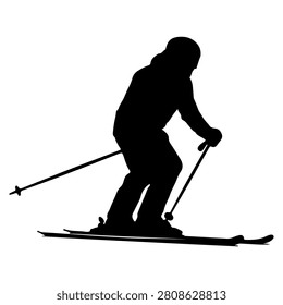 A black silhouette of a skier in motion on snow, holding ski poles, captured against a plain white background, emphasizing winter sports activity.