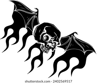 black silhouette of skull with bat wing on flames