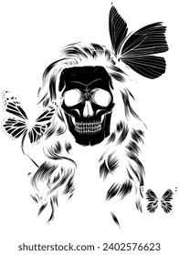 black silhouette of Skull with butterfly vector illustration isolated on white background.