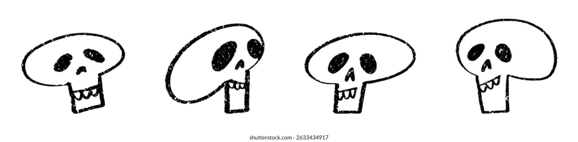 Black silhouette of skull in crayon texture, Halloween vintage design element. Flat vector illustration isolated on white background.