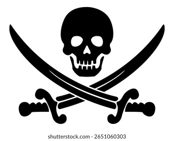 Silhueta preta do crânio e espadas cruzadas ícone pirata bandeira elemento de design. Imagem de clipart isolada no plano de fundo.