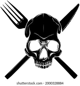 black silhouette Skull with cutlery. Illustration for design