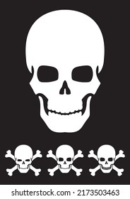 Black silhouette skull. Design element. Vector illustration isolated on white background. Template for books, stickers, posters, cards, clothes.
