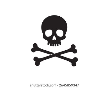 A black silhouette of a skull with empty eye sockets and a grinning mouth is positioned above two crossed bones.