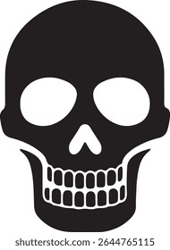 A black silhouette of a skull with a gaping jaw and empty eye sockets is shown.