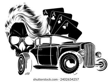 black silhouette of skull with hot rod and poker aces on white background svg