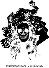 black silhouette of skull with joker hat and casino game