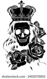 black silhouette of Skull of queen hand drawn illustration. Tattoo vintage print. Crown, roses and skull sketch illustration. Vector print.