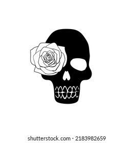 Black silhouette of skull with rose flower in the eye
